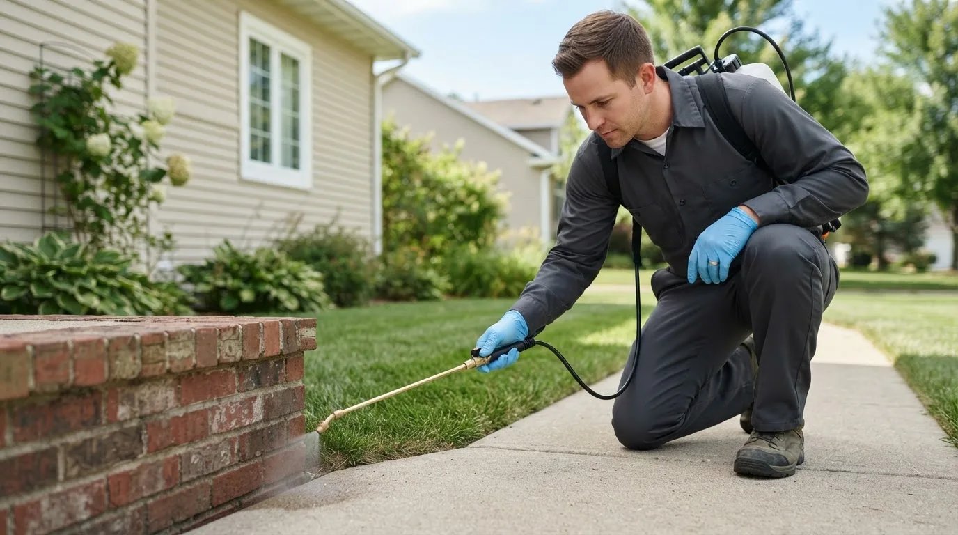 Pest control technician treating a home near Maysville, GA